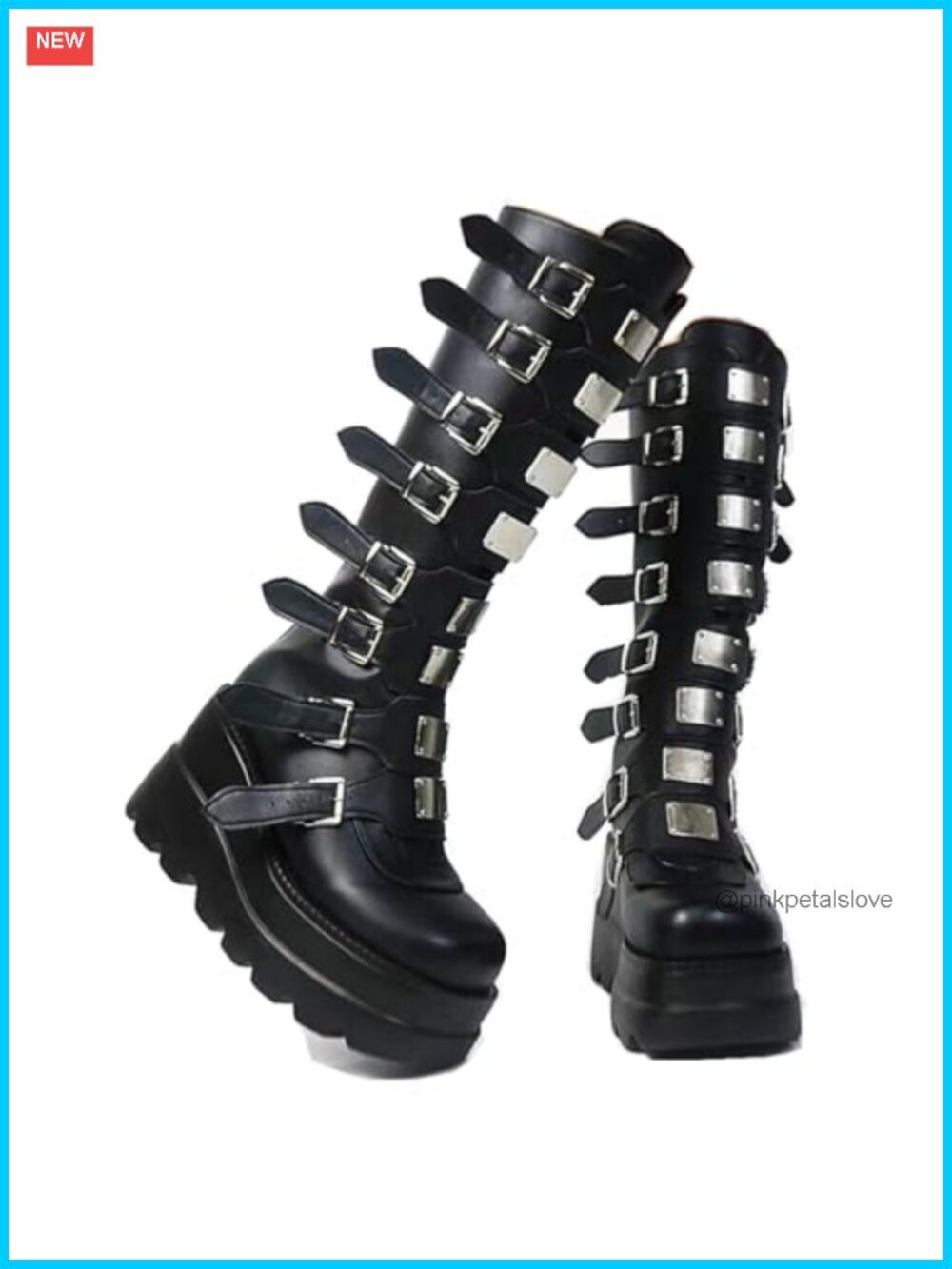 Platform Knee High Boots Chunky Heel Synthetic Leather Zip Metal Buckles